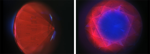 DiamondView Imagen de fluorescencia de un diamante azul irradiado.