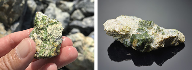 el demantoide generalmente ocurre en las rocas huésped como partículas muy pequeñas.