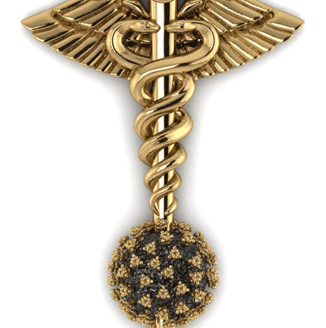 Símbolo de la medicina, la vara (alas a ambos lados de la parte superior de la vara, rodeada por dos serpientes) atraviesa el coronavirus. Granate está en la cima del personal.