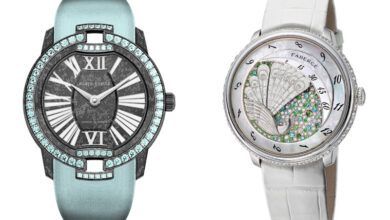 reloj de terciopelo Roger Dubuis;  Fabergé - Lady Peacock 2 Relojes con Turmalina Paraiba y diamantes